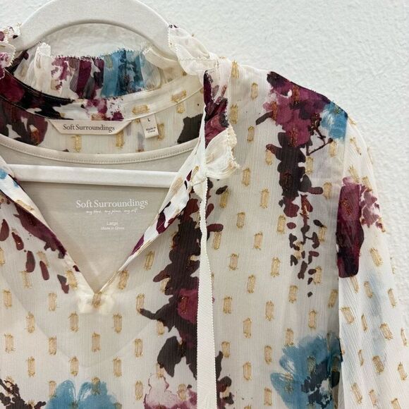 Soft Surroundings Women's Large Primrose Blouse Top Floral Gold Metallic Tie - Picture 2 of 10